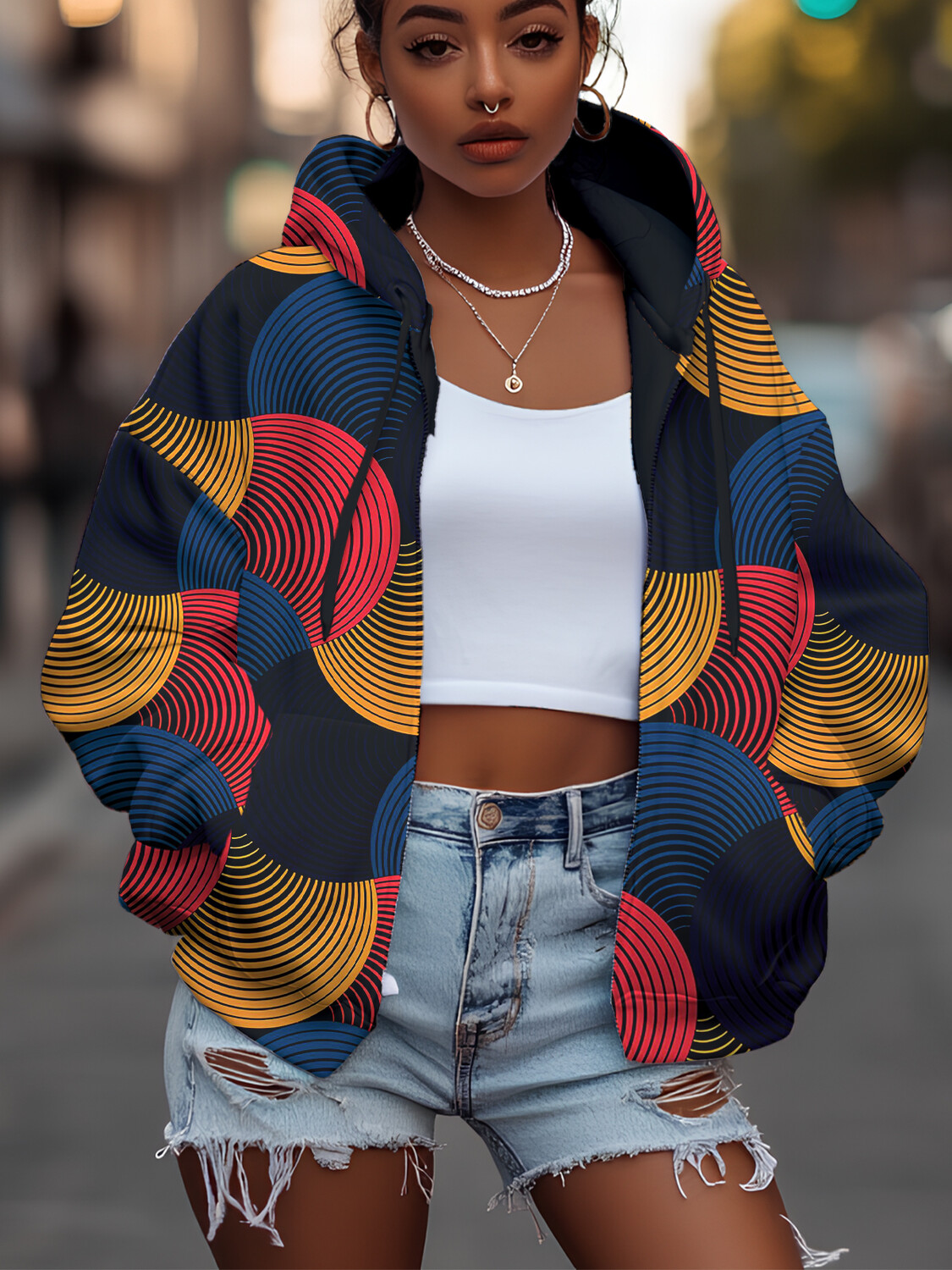 Women's Geometric Aesthetics Art Print Hooded Zip Up Jacket-Styleame