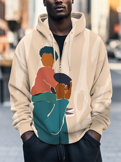 Men's Father And Son Print Hooded Zip Up Jacket-Styleame
