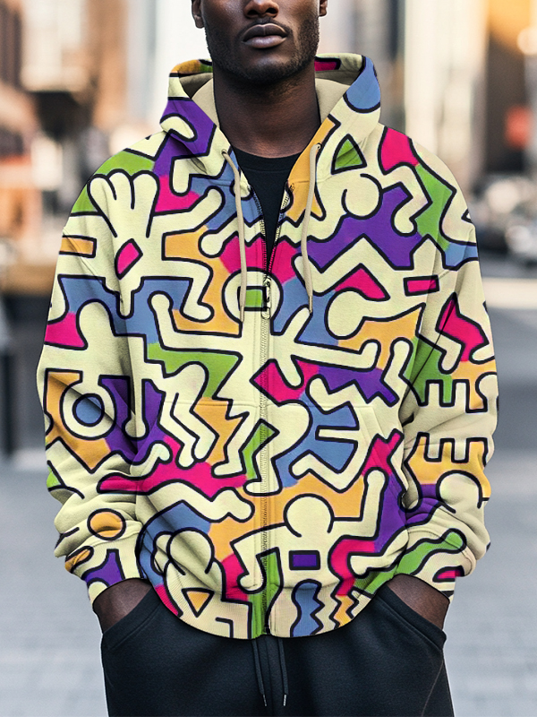 Men's Colorful Cartoon Abstract Character Art Print Hooded Zip Up Jacket-Styleame