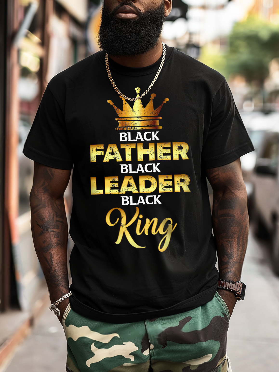 Men's Black Father Leader King Print Cotton Casual T-Shirt-Styleame