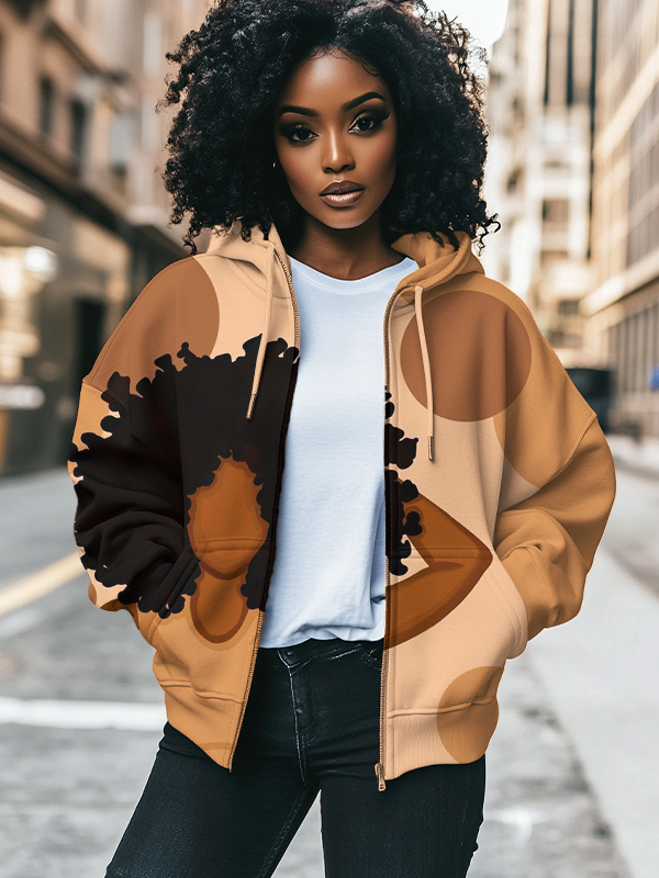 Women's Black Woman Geometric Art Print Hooded Zip Up Jacket-Styleame