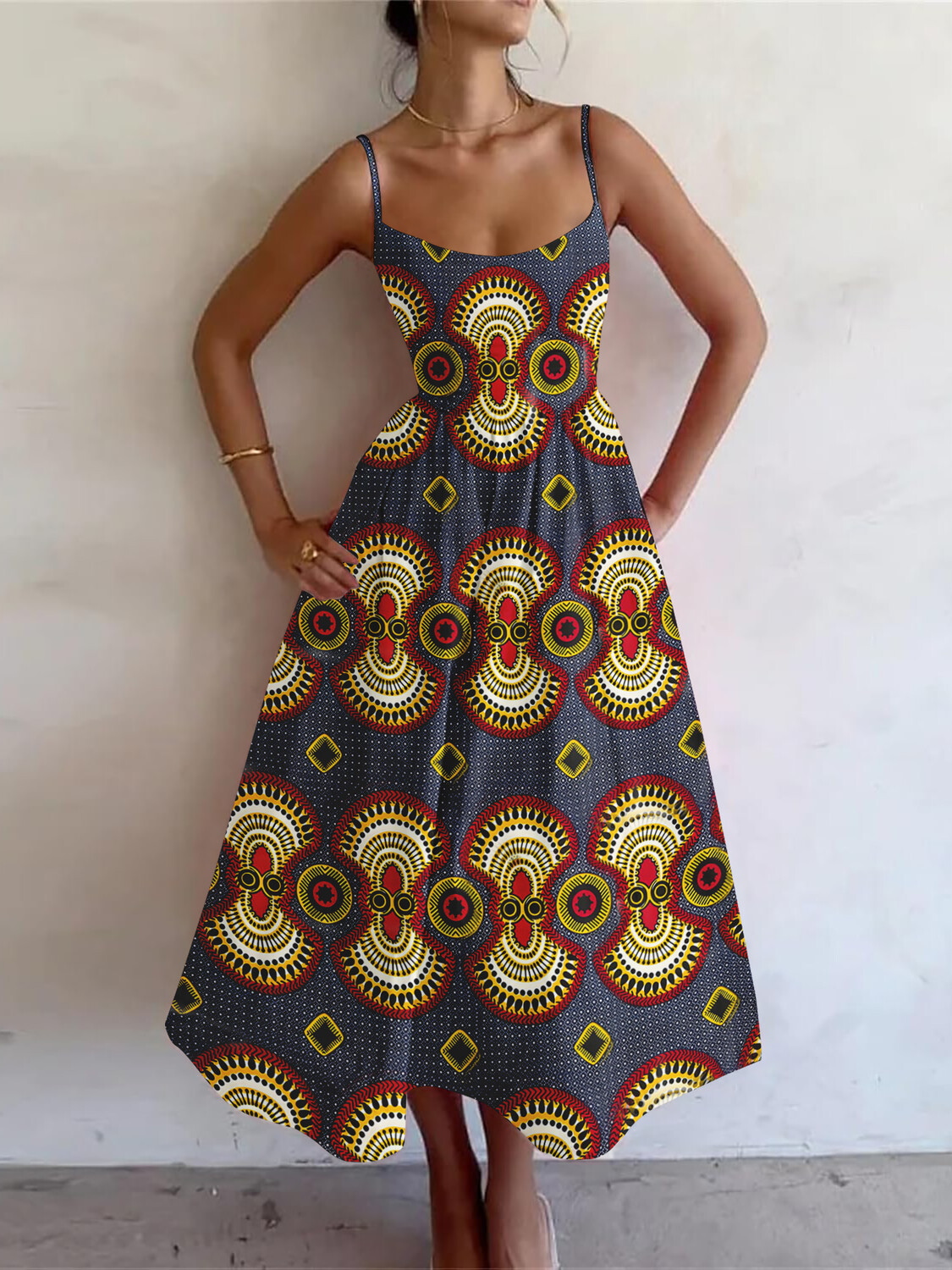 Women's Vintage Tribal Ethnic Pattern Cami Midi Dress-Styleame