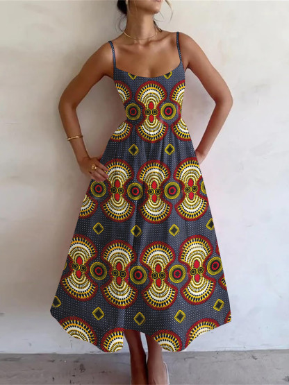Women's Vintage Tribal Ethnic Pattern Cami Midi Dress-Styleame