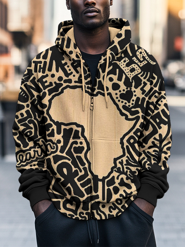 Men's Black Pride African Print Hooded Zip Up Jacket-Styleame