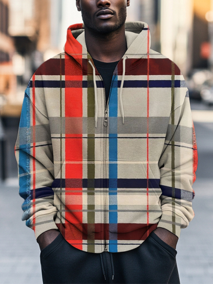 Men's Geometric Plaid Color Block Art Print Hooded Zip Up Jacket-Styleame