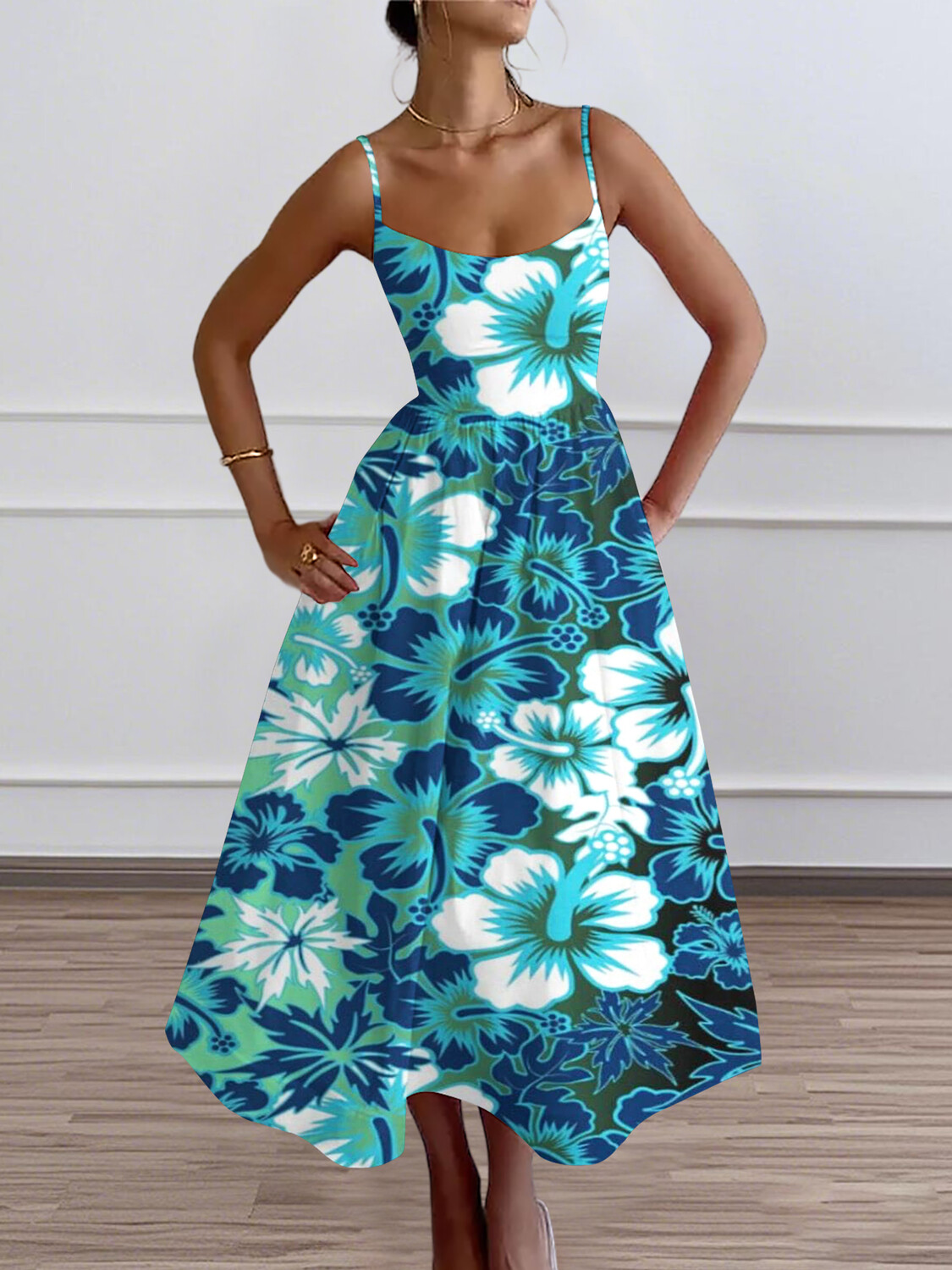 Women's Hawaiian Floral Art Printed Cami Midi Dress-Styleame