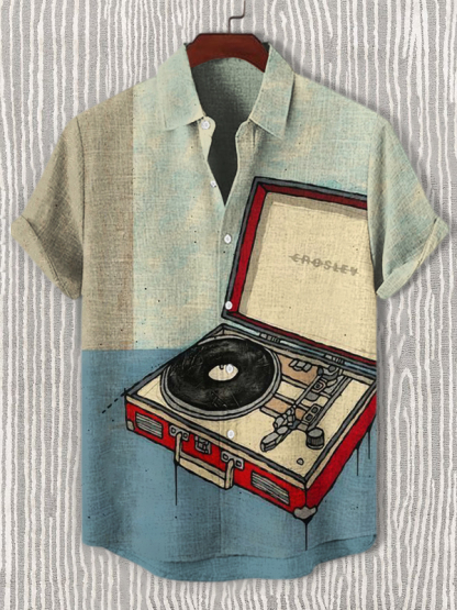 Men's Retro Vinyl Record Player Print Casual Shirt-Styleame