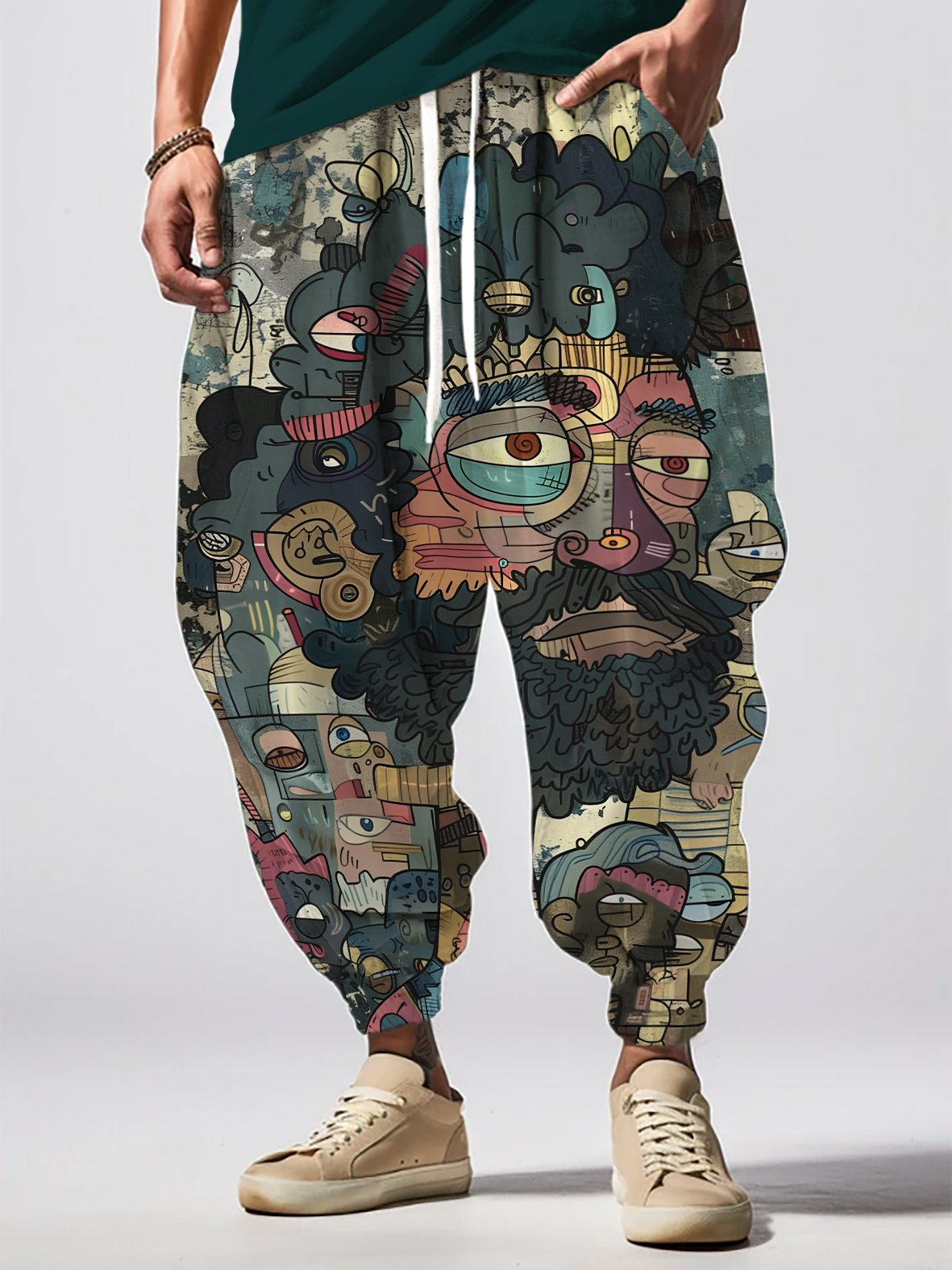 Men's Black Hippie Graffiti Art Print Loose Drawstring Waist Sweatpants-Styleame