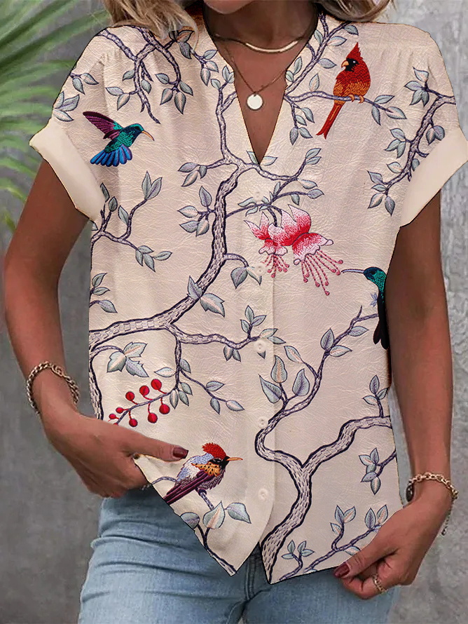 Women's Retro Floral Bird Embroidery Art Print Short Sleeve Shirt-Styleame