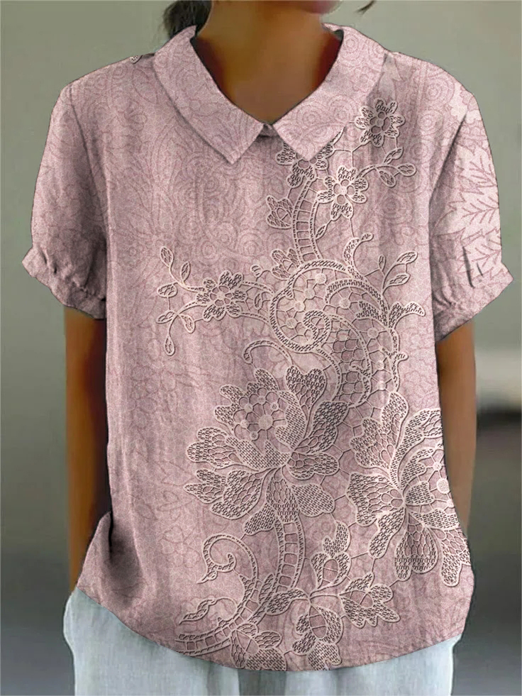 Women's Floral Embroidery Pattern Print Short Sleeve Shirt-Styleame