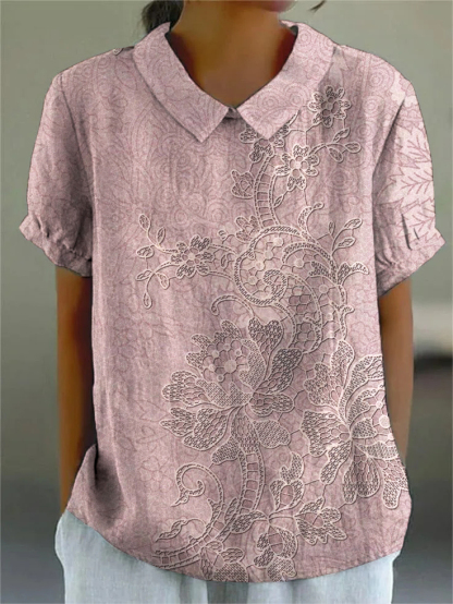 Women's Floral Embroidery Pattern Print Short Sleeve Shirt-Styleame