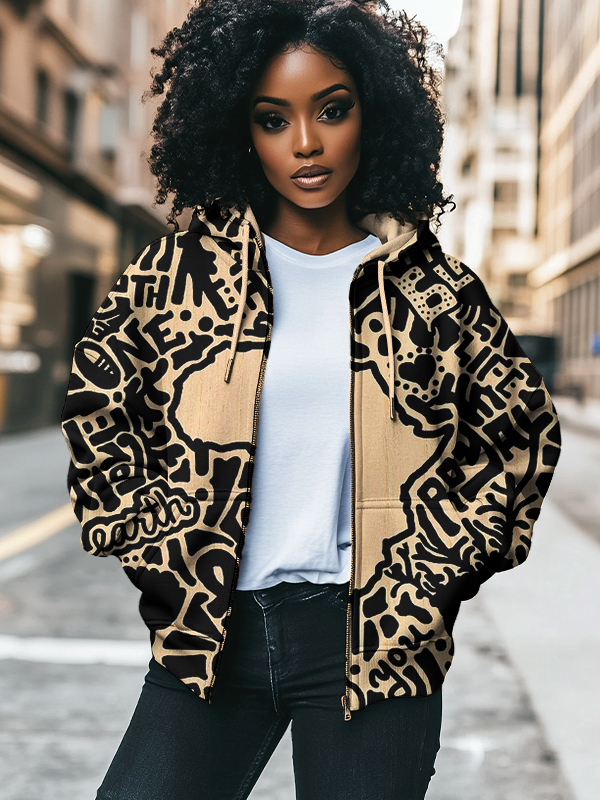 Women's Black Pride African Print Hooded Zip Up Jacket-Styleame