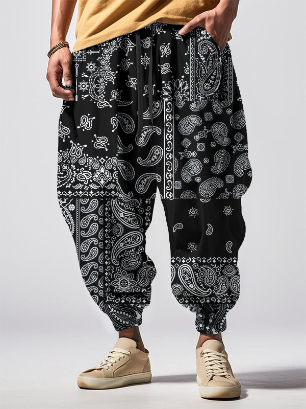 Men's Vintage Paisley Patterns Print Loose Drawstring Waist Sweatpants-Styleame