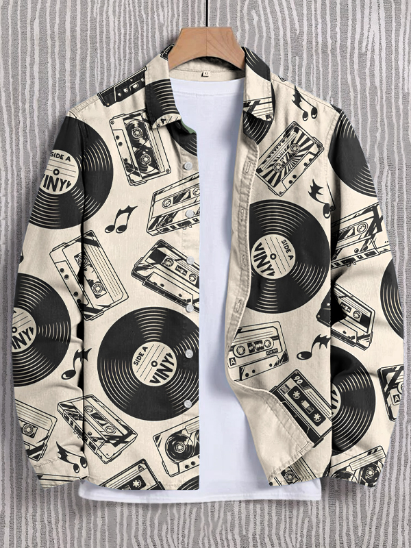 Men's Retro Record Cassette Tape Art Print Long Sleeve Shirt-Styleame