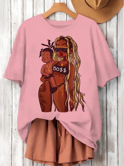 Women's Boss Mom Illustration Print Cotton Casual T-Shirt-Styleame