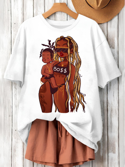 Women's Boss Mom Illustration Print Cotton Casual T-Shirt-Styleame