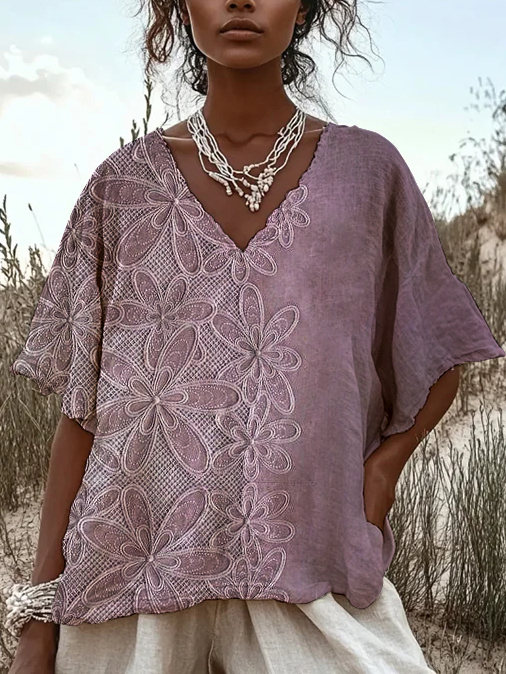 Women's Retro Embroidery Floral Patterns Print V Neck T-Shirt-Styleame