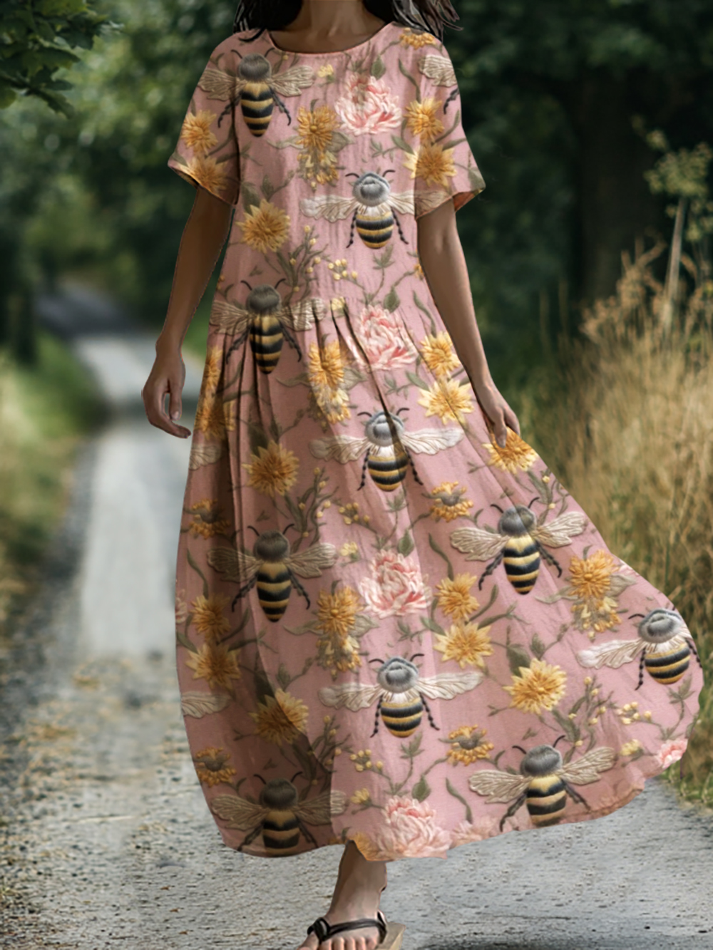 Women's Vintage Floral Bee Print Short Sleeve Maxi Dress-Styleame