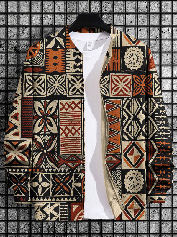 Men's African Traditional Folk Patterns Print Casual Zip Up Jacket-Styleame
