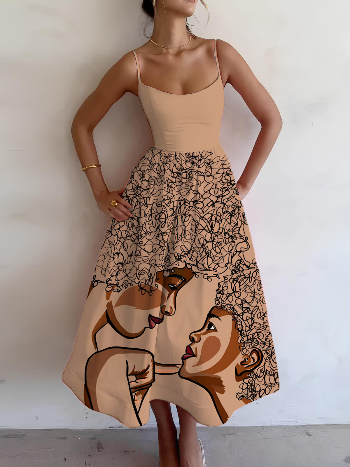 Women's Mother's Day Mom And Child Art Print Cami Midi Dress-Styleame