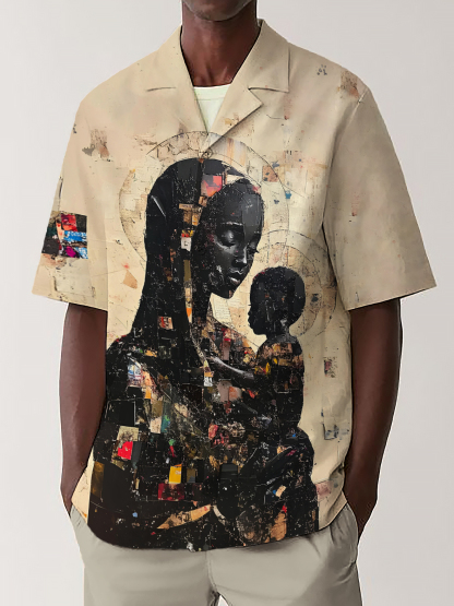 Men's Retro Mom And Child Art Print Shirt-Styleame