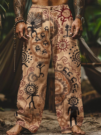Men's African Tribal Prints Workwear Drawstring Waist Casual Pants-Styleame