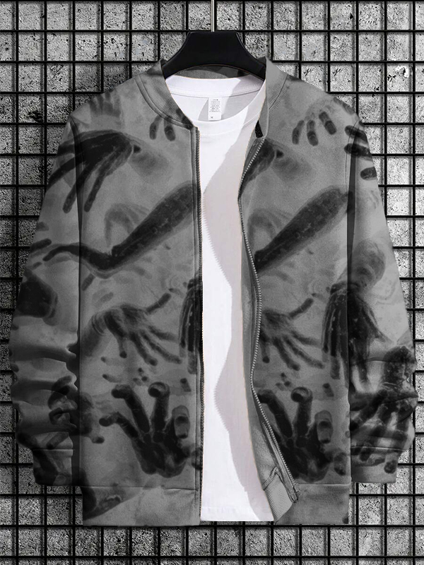 Men's Horrible Hand Art Print Casual Zip Up Jacket-Styleame