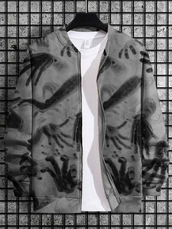 Men's Horrible Hand Art Print Casual Zip Up Jacket-Styleame
