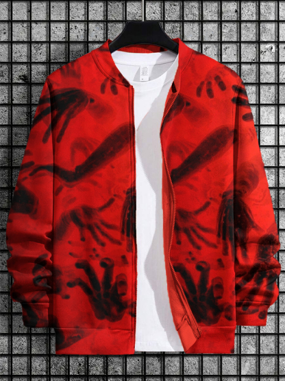 Men's Horrible Hand Art Print Casual Zip Up Jacket-Styleame