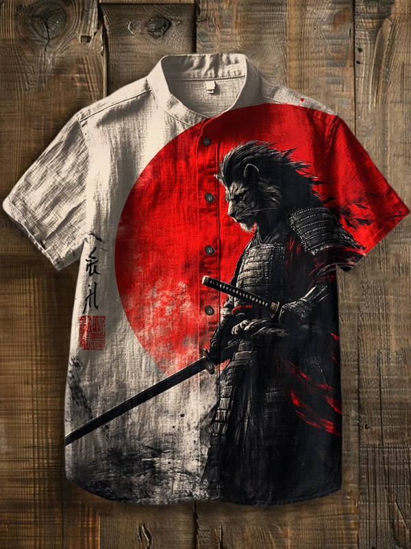 Men's Lion Warrior Japanese Art Print Short Sleeve Shirt-Styleame