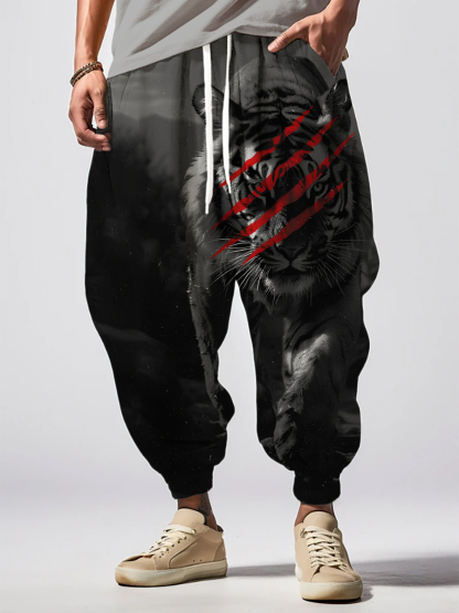 Men's Dark Ferocious Tiger Art Print Loose Drawstring Waist Sweatpants-Styleame