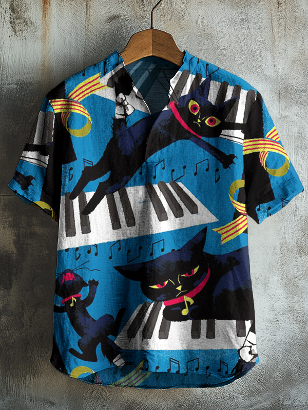 Men's The Mischievous Cat On The Piano Print Casual V Neck T-Shirt-Styleame