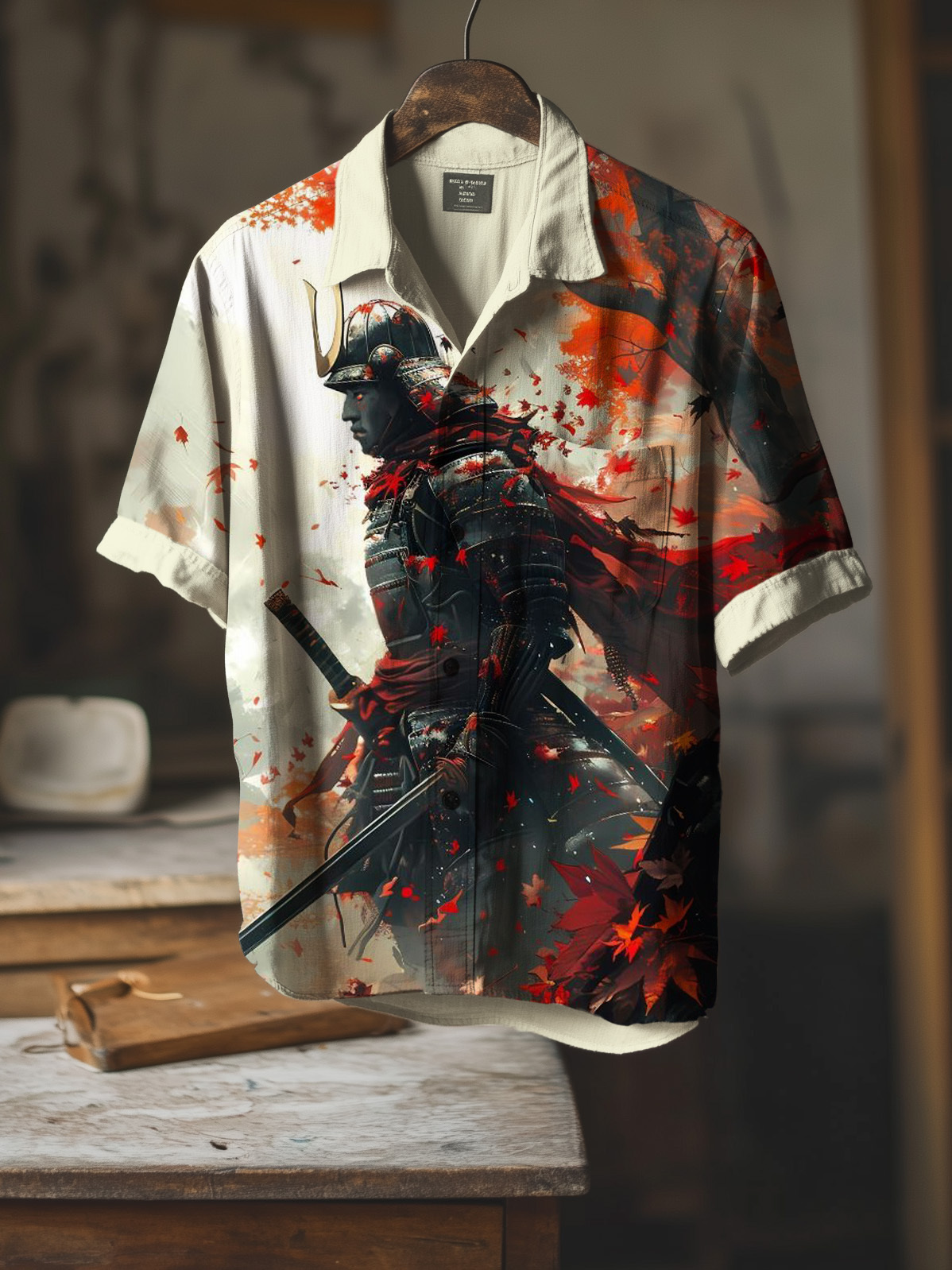 Men's Japanese Samurai Art Print Short Sleeve Shirt-Styleame