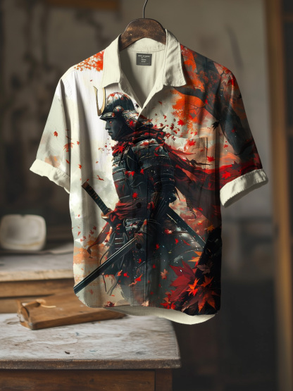 Men's Japanese Samurai Art Print Short Sleeve Shirt-Styleame