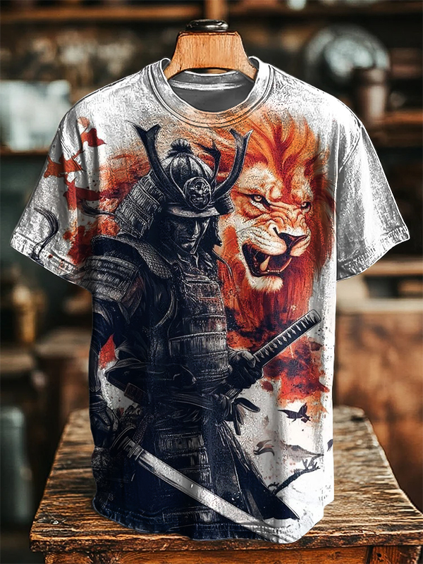 Men's Lion And Warrior Japanese Art Print Casual T-Shirt-Styleame