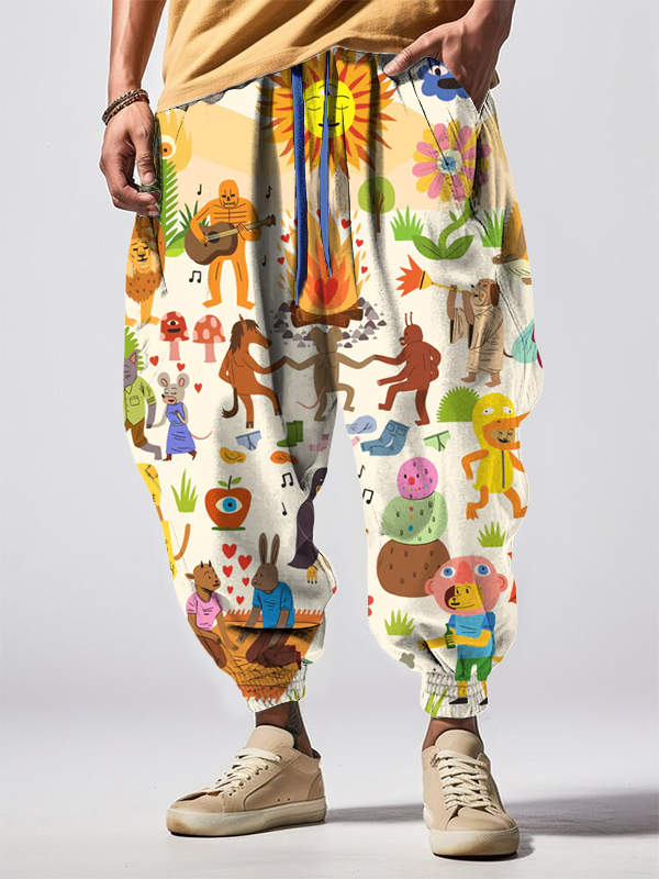 Men's Funny Cartoon Graphic Print Loose Drawstring Waist Sweatpants-Styleame