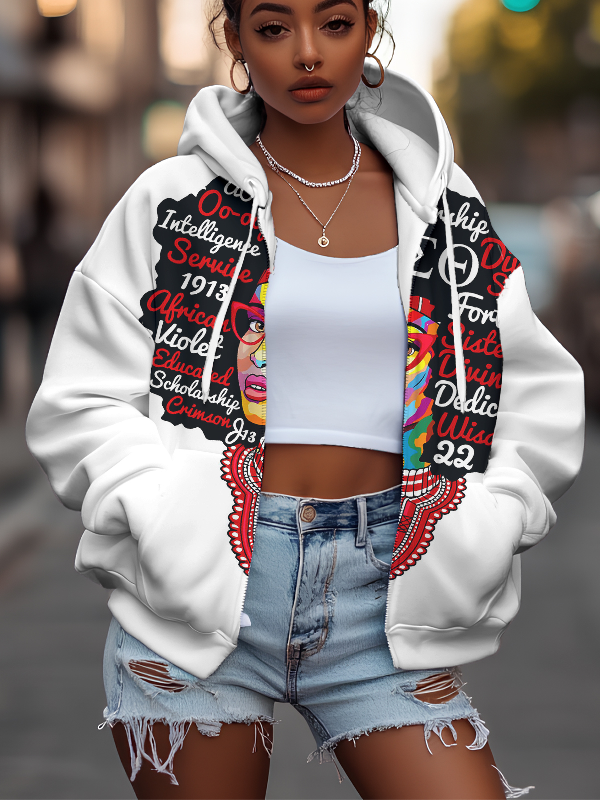 Women's Black Sororities Art Print Hooded Zip Up Jacket-Styleame