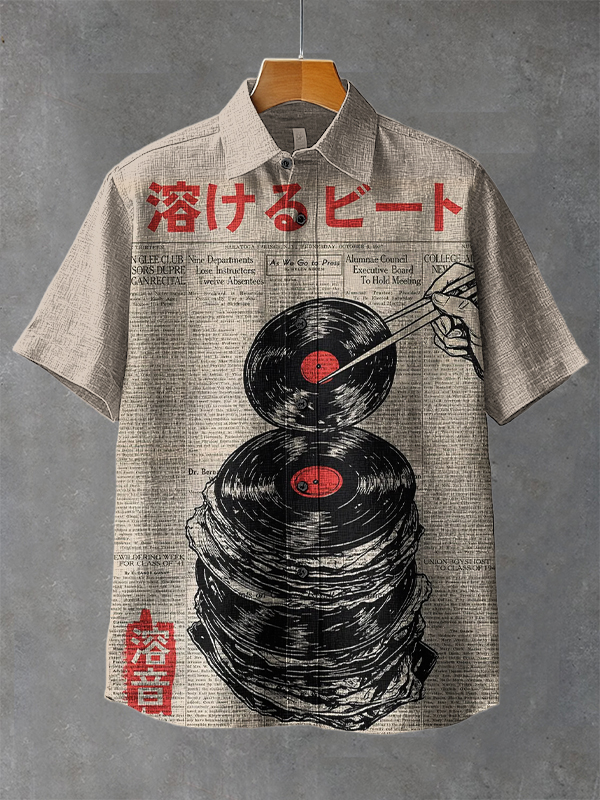 Men's Melting Beats Vinyl Record Japanese Art Print Casual Shirt-Styleame