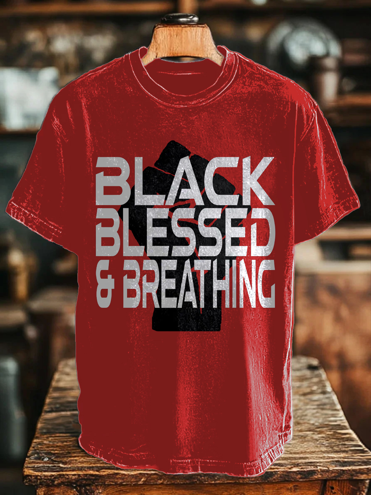 Men's Black Power Black Blessed And Breathing Print Cotton Casual T-Shirt-Styleame