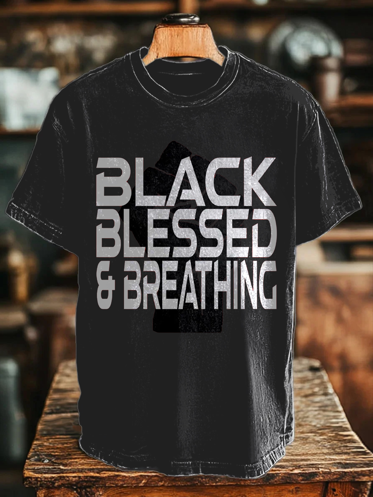 Men's Black Power Black Blessed And Breathing Print Cotton Casual T-Shirt-Styleame