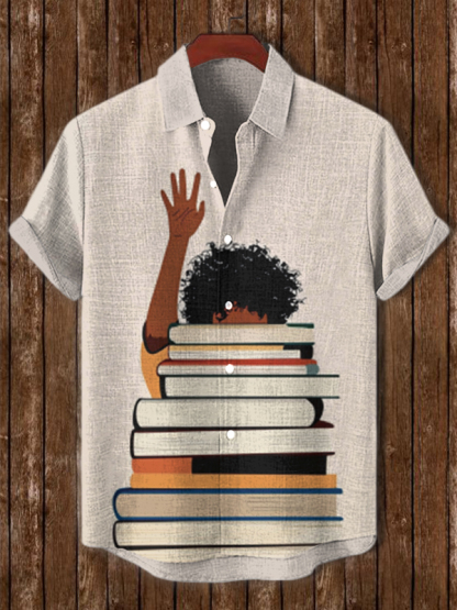 Men's Books Lover Printed Short Sleeve Shirt-Styleame