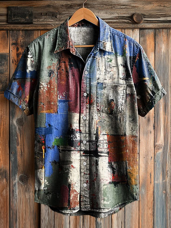 Men's Color Block Oil Painting Printing Casual Shirt-Styleame