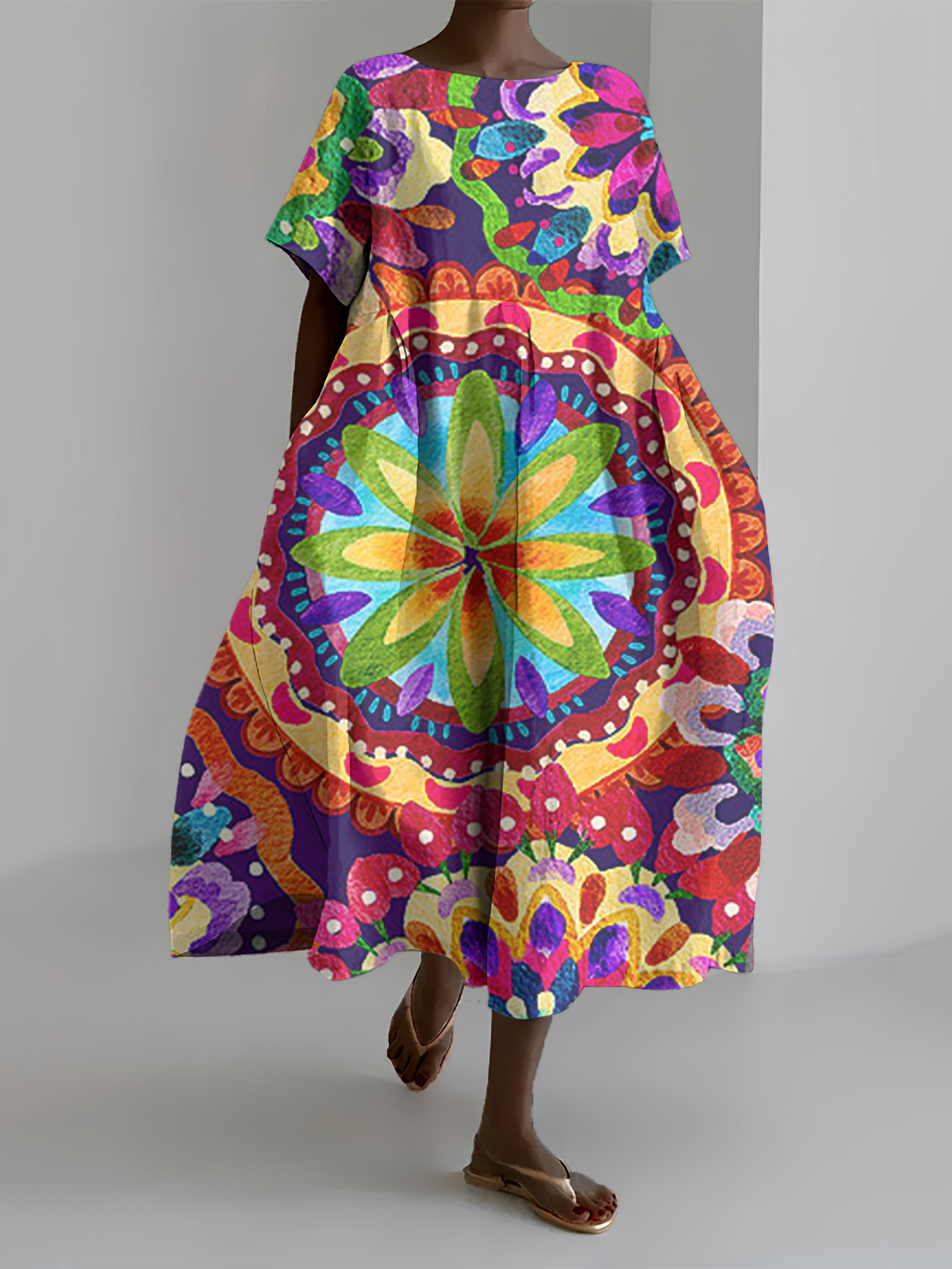 Women's National Flower Art Print Short Sleeve Dress-Styleame