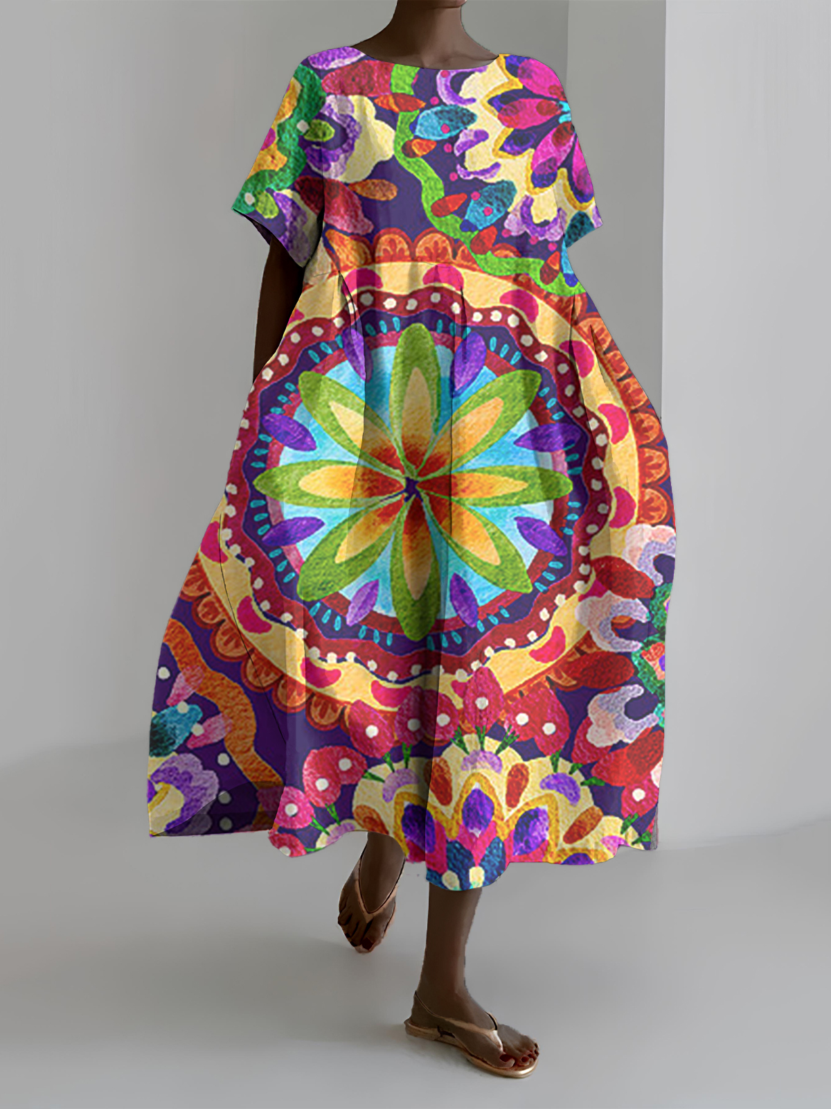 Women's National Flower Art Print Short Sleeve Dress-Styleame