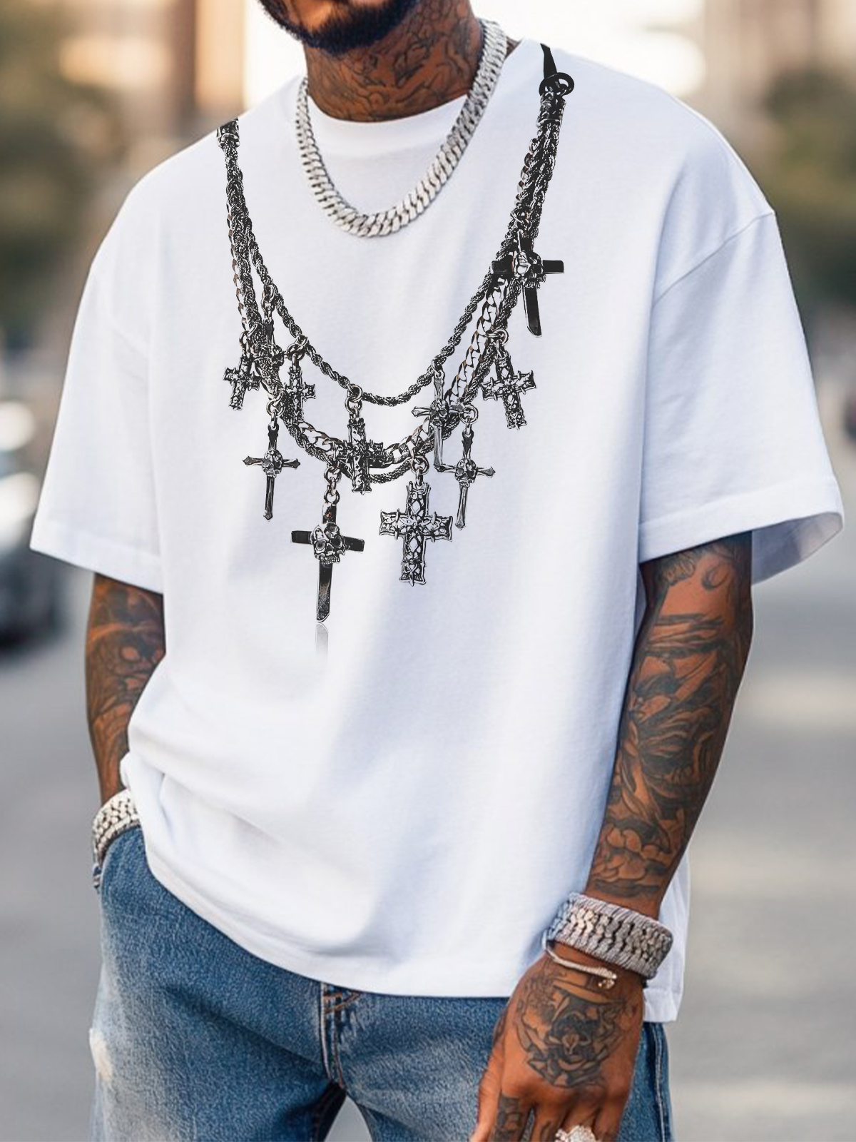 Men's Religious Beliefs Black Fashion Cool Cross Art Print Casual T-Shirt-Styleame