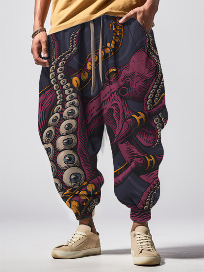 Men's Cthulhu Octopus Print Loose Drawstring Waist Sweatpants-Styleame
