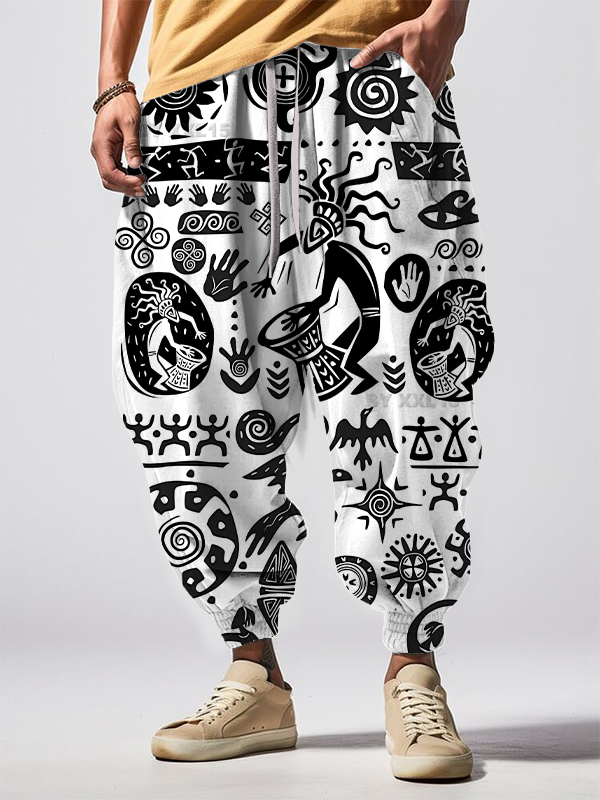 Men's Retro Tribe Kokopelli Djembe Graphic Print Loose Drawstring Waist Sweatpants-Styleame