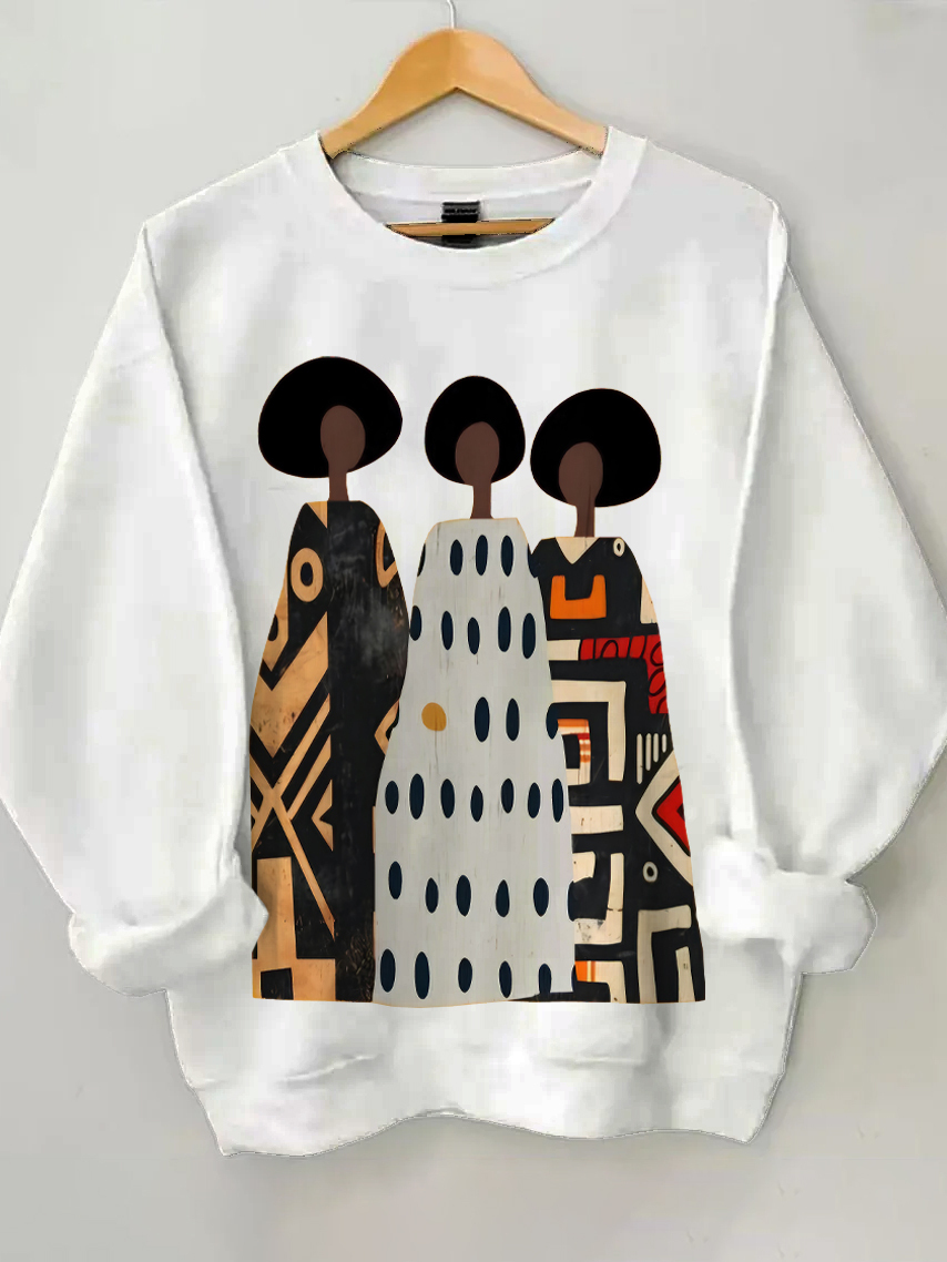Women's Abstract Painting Of Traditional African Woman Print Cotton Long Sleeve T-Shirt Thin Sweatshirt-Styleame