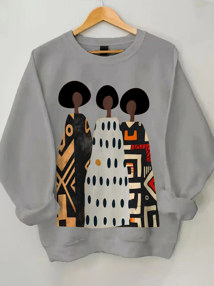 Women's Abstract Painting Of Traditional African Woman Print Cotton Long Sleeve T-Shirt Thin Sweatshirt-Styleame