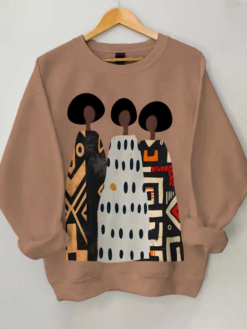 Women's Abstract Painting Of Traditional African Woman Print Cotton Long Sleeve T-Shirt Thin Sweatshirt-Styleame